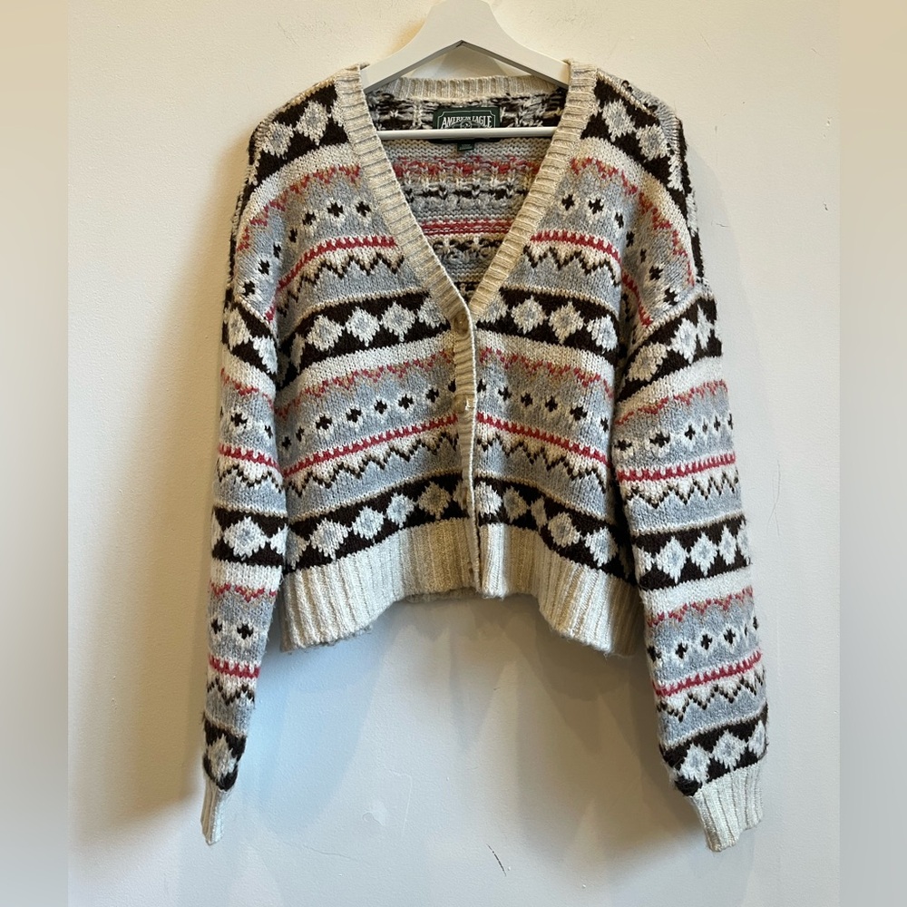 American Eagle Cropped Fair Isle Sweater Cardigan Womens sz Small indie Preppy